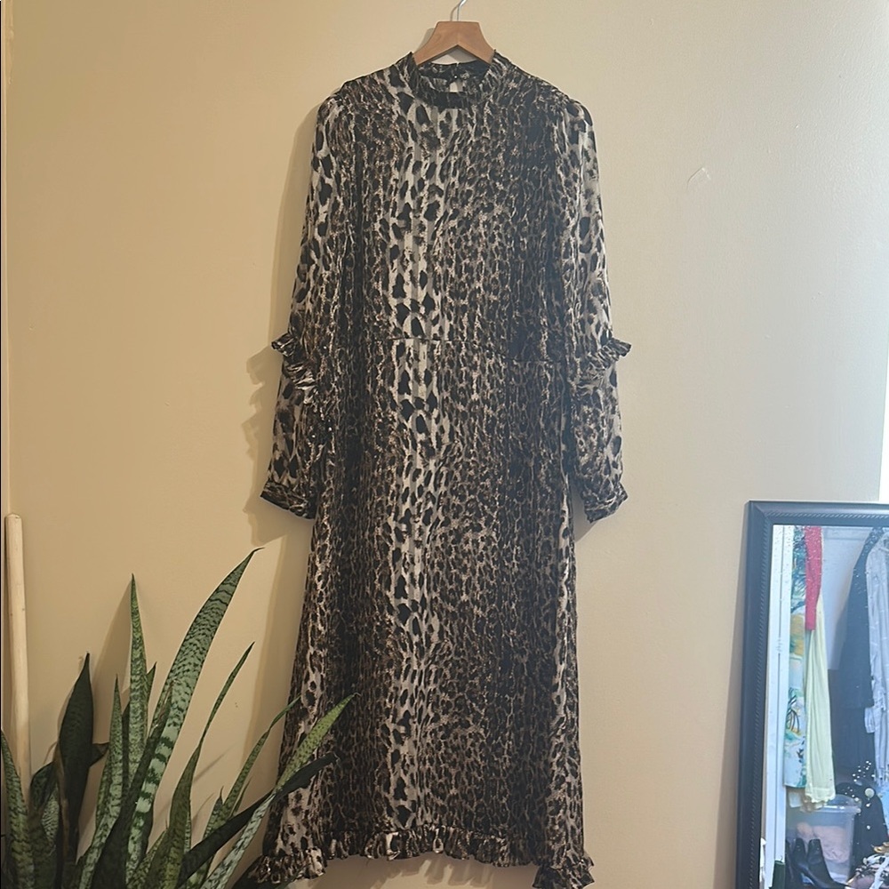 Jaguar Print Sheer Bishop Sleeve Long Sleeve Dress
